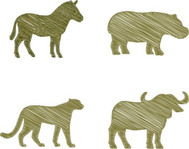 Bir zebra, gergedan, panter ve beyaz arka planda bir bufalo tasvir eden dört zeytin yeşili siluet seti..