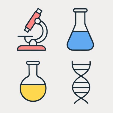 Dört laboratuvar simgesinin düz vektör çizimi: bir mikroskop, bir yuvarlak taban şişesi, bir test tüpü ve bir DNA sarmalı..