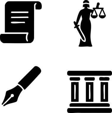 Dört siyah beyaz simge bir parşömen belgesini, bir adalet heykelini, bir dolmakalem ucunu ve klasik mahkeme sütunlarını betimliyor..