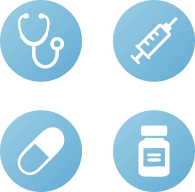 Mavi yuvarlak arka planda dört tıbbi ikonun bir koleksiyonu: bir steteskop, bir şırınga, bir hap ve bir ilaç şişesi..