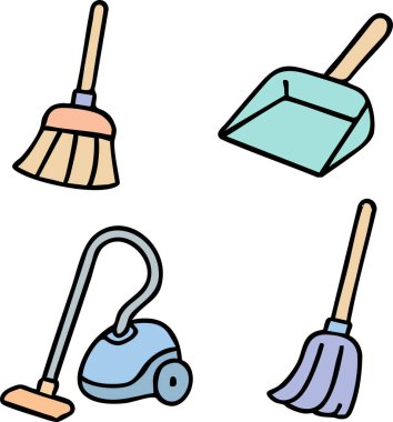 Süpürge, faraş ve yumuşak renklerde yapılmış dik süpürge, ev temizlik aleti simgeleri.