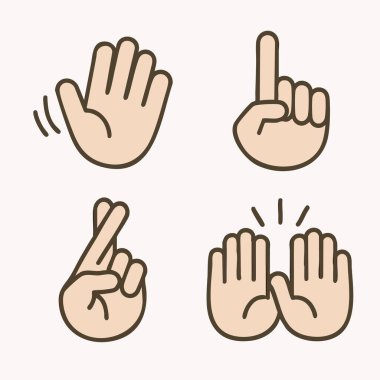 El sallamanın basit simgeleri, işaret parmağı yukarı, çapraz parmaklar ve el çırpma..