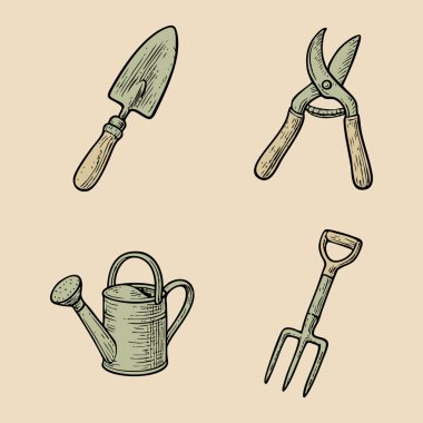 Bir mala, budama makası, sulama kutusu ve el bahçesi çatalından oluşan dört el yapımı bahçe malzemesi simgesi..