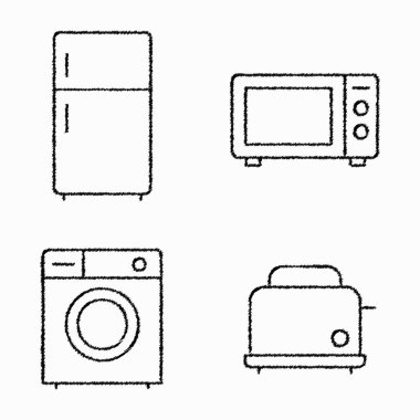 Bir buzdolabı, mikrodalga fırın, ön yükleme çamaşır makinesi ve iki delik ekmek kızartma makinesi tasvir eden dört siyah çizgi çizim simgesi.