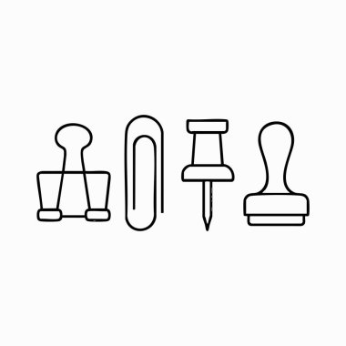 Bir ataç, bir ataç, bir ataç, bir raptiye ve bir kauçuk damga simgesi..