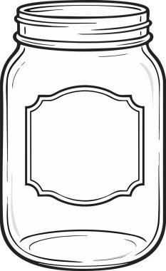 Çerçevelenmiş boş bir etiketin özel metne hazır olduğu cam bir mason kavanozunun temiz siyah çizgi çizimi.