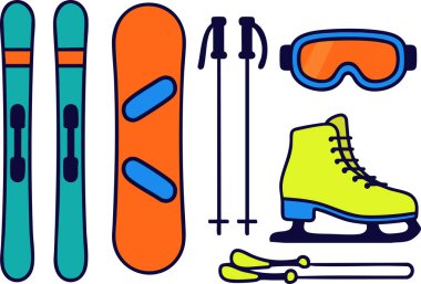 Kar kayakları, kayaklar, sırıklar, gözlükler ve yan yana dizilmiş sağlam botlar da dahil olmak üzere alp ekipmanlarının parlak düz çizimi.