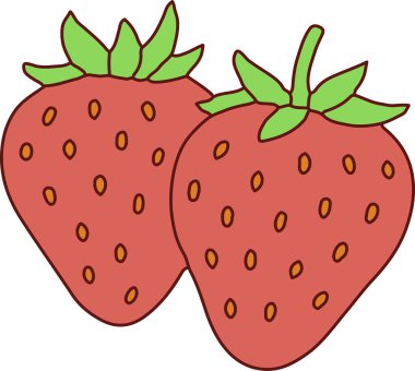 İki parlak çilek, sapları ve küçük tohumları dostça tasvir edilmiş..