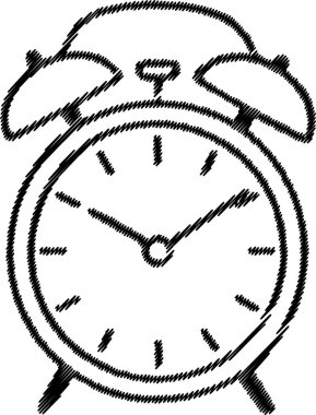 Klasik çalar saatin çizgi sanatı. Yüzünde iki el ve iki numara var..