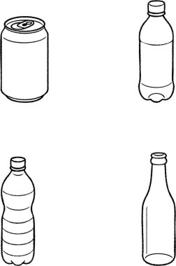 Plastik şişeler ve bir alüminyum kutu da dahil olmak üzere farklı içecek kutularının ana hatlarını çizdim..