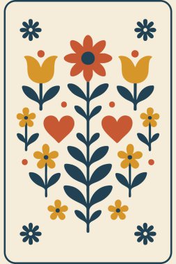 Dikey kart tasarımı, saf halk sanatları tarzında dallanan çiçek ve kalpleri gösteriyor..