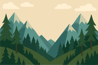 Şekillendirilmiş dağlar ve yumuşak bulutların altında ebedi yeşil ağaçlar sakin manzaralı bir zemin oluşturuyor..