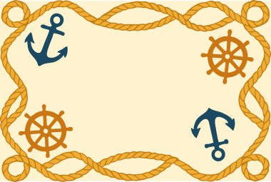 Çapa ve miğferlerle soluk bir merkezin etrafında döngü halatından yapılmış kıyı temalı çerçeve.