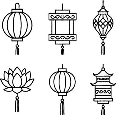 Süslü siyah çizgiler asılı fenerler ve çiçek açan nilüfer çiçekleri düzenli bir şekilde dizilmiş..
