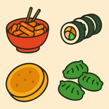 Dost canlısı yemek grafikleri bir kase baharatlı pirinç keki dilimlenmiş yosun rulo tatlı ızgara kek ve yeşil otlu hamur köftesi gösteriyor..