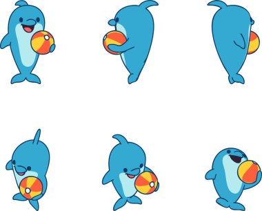 Mavi yunuslar zıplar ve döner parlak çizgili bir top tutarken temiz beyaz bir alanda birkaç oyuncu açıyla gösterilir.