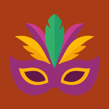 Katmanlı yeşil ve sarı tüylerle kaplı mor bir göz maskesi neşeli bir festival havasına işaret ediyor..