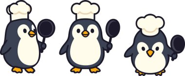 Küçük ayakları ve uzun şef şapkalarıyla mutfak eğlencesine hazır üç tombul penguen..