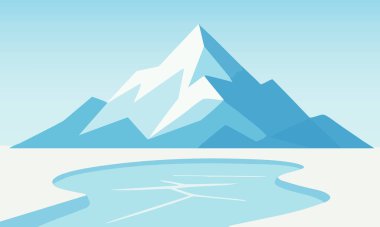 Durgun bir gölün üzerinde parlak bir tepe yükselir. Buzlu yüzey dağı ve solgun gökyüzünü yansıtır..