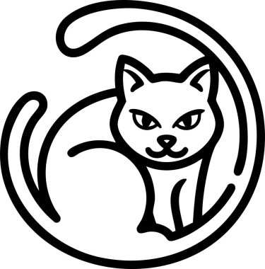 Yuvarlak bir kenar içindeki kıvrımlı bir kedinin koyu siyah çizgi çizimi. Sivri kulakları ve beyaz arka planda parlak gözleri var..