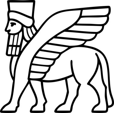 Tarihi Mezopotamya kabartmalarından esinlenerek cesur bir hatla çizilmiş insan başlı bir aslan.