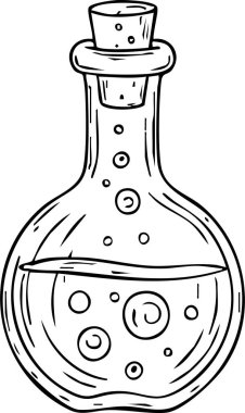 Mantar tıpalı cam şişe ve fokurdayan sıvı simya ve fantezi büyüsünü çağrıştırıyor..