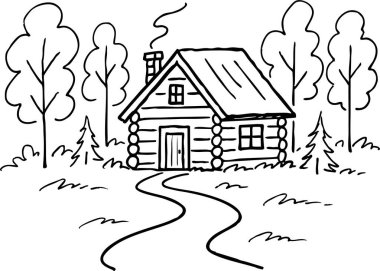 Ağaçlarla çevrili küçük bir evin çizgi çizimi ve dolambaçlı bir yol..