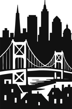 Suya yayılmış kulelerin ve asma köprünün yer aldığı siluet şehir manzarası.