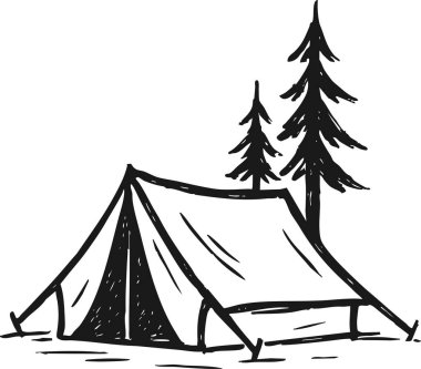 Bir orman kampı için hazırlanmış iki uzun çam ağacının yanında kurulmuş bir çadırın siyah beyaz çizimi..