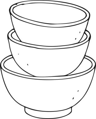 Temiz siyah çizgilerle çizilmiş üç mutfak kasesi bir araya toplanmış..