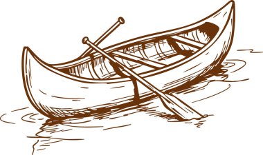 Küçük ahşap bir kayık çizilmiş, çapraz küreklerle su kenarında dinleniyor..