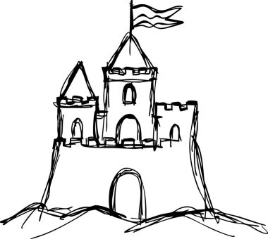 El çizimi bir ortaçağ şatosu dalgalı bir bayrak ile tepeye konmuş..