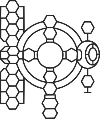 Balpeteği altıgenleri ve küçük düğümlerle birbirine bağlı merkezi bir halkayı birleştiren soyut teknik çizim.