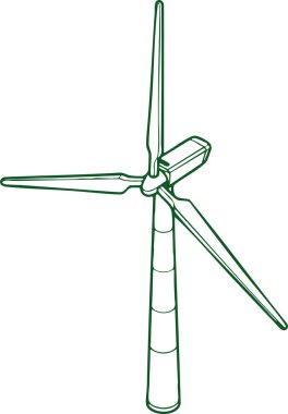 Yenilenebilir enerji üretimi için üç bıçaklı rüzgar türbininin temiz bir çizimi.