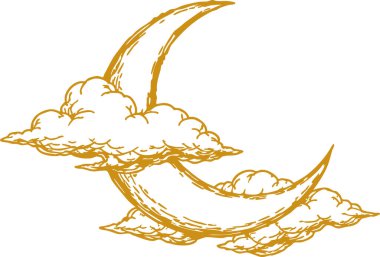 Yumuşak kıvrımlı bulutların arasına yerleştirilmiş altın hilal manzarası.