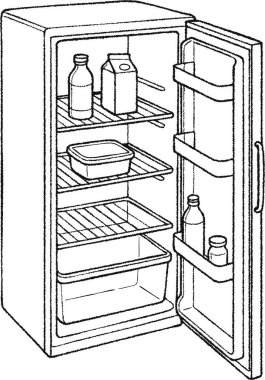 Buzdolabı kapısının çizgi çizimi. İçerideki rafları ve şişeleri gösteriyor.
