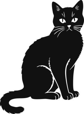 Parlak gözlü ve kıvrık kuyruklu siyah bir kedinin taslak çizimi..