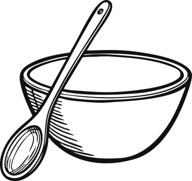 Kalın çizgilerle kaşıkla karıştırılmış yuvarlak bir kasenin mutfak sahnesi..
