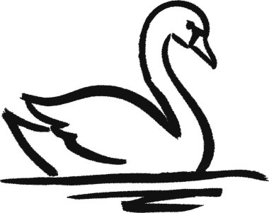 Suda süzülen zarif boyun kıvrımlı bir kuğunun tasviri..