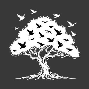 Dallarından uçan bir sürü kuş olan eski ağaç silueti..