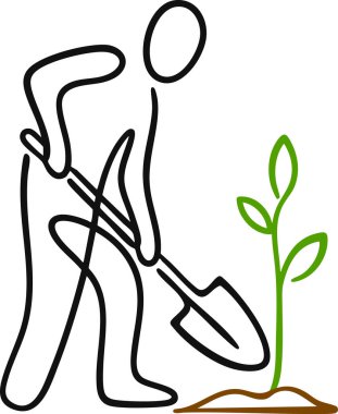 Sopa figürü bahçıvan toprağa küçük bir filizlenme tohumu dikmek için kürek kullanıyor..