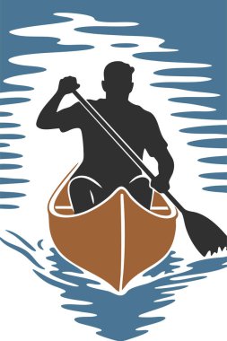 Sakin yansıtıcı suda kanoya binen bir insanın silueti..