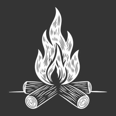 Stylized flame rising above crossed logs for a classic campfire symbol.