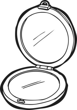 Yansıtıcı ayna ve kopçayı temiz çizgilerle göstermek için dairesel kozmetik kompakt açıldı.