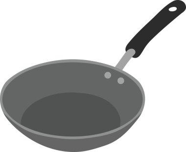 A shallow skillet with a dark interior and long handle drawn in perspective.
