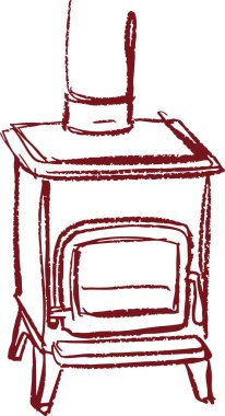 Kırmızı çizgili baca borusuyla yanan küçük bir odun sobası..