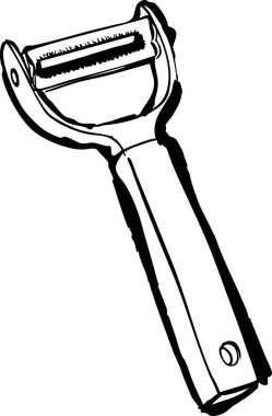 Y şeklinde bir sebze soyucunun metal bir bıçak ve ergonomik sapı ile yakın görüntüsü..