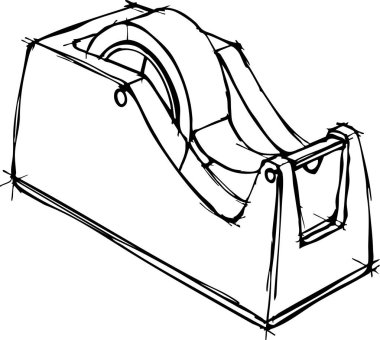 Gri tonda çizilmiş bir masaüstü bant dağıtıcısı. Standart bir yapışkan bant rulosu..