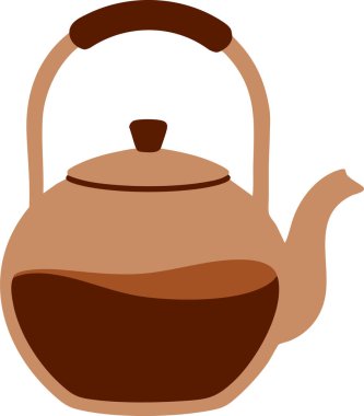 Yuvarlak, kahverengi bir çaydanlık, kavisli saplı ve kısa, sıcak tonlu..