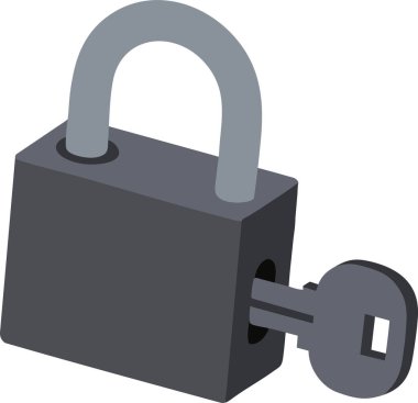 A dark gray padlock in three quarter view with a key inserted into the lock.